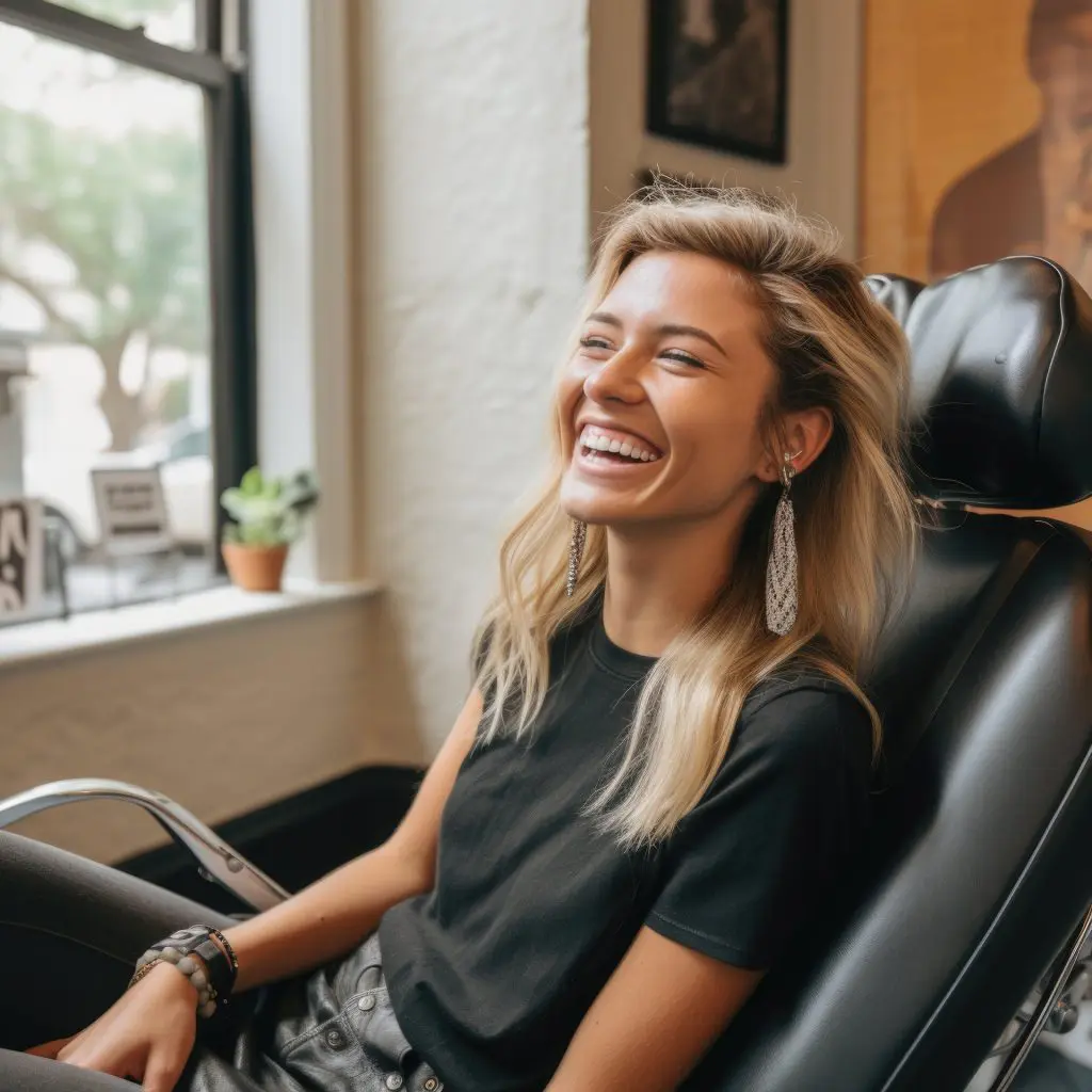 A woman is smiling sitting in a dentist chair after an appointment.